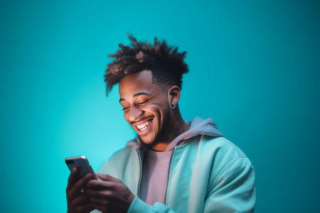 Handsome black adult man with bright smile dressed in white shirt carries mobile phone focused upwards with pleased expression enjoys online communication isolated over b : Generative AIの素材