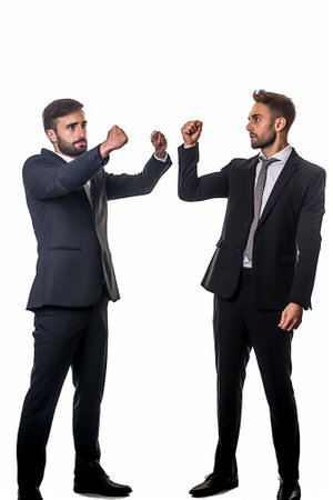 Indoor shot of two surprised men of different age group cover mouthes with both hands stare with puzzlement recieve unexpected news find out about crash of their family b : Generative AIの素材