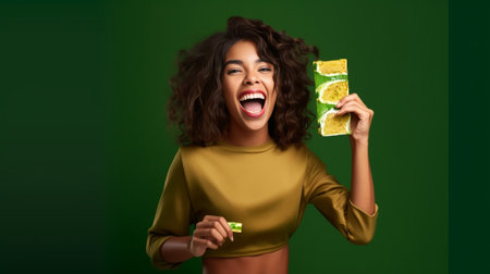 Happy dark skinned millennial girl eats yellow ice cream of mango flavor clenches fist with anticipation of something awesome happen has toothy smile wears bright summer  : Generative AIの素材