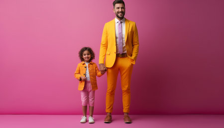 Pleased powerful man says look at me points at himself wears superhero costume has fun thick beard with clothespins isolated on pink studio background Funny father entert : Generative AIの素材