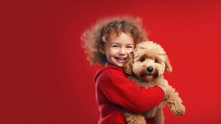 Glad playful female covers little puppy in front of face has widely opened eyes likes having breed pet at home wears red jumper isolated over blue wall with free space as : Generative AIの素材