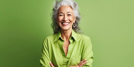 Positive senior European woman touches face and applies nourishing green mask closes eyes smiles broadly dressed in casual top isolated on beige background Beauty age wel : Generative AIの素材