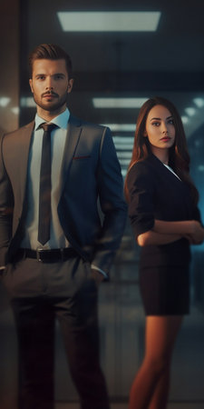 Indoor shot of uncertain man and woman in formal clothes shrug shoulders dont know answer or way out look displeased and dissatisfied Two smart students dont understand d : Generative AIの素材