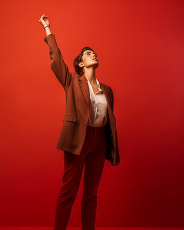 Indecisive thoughtful woman with green hair raises hand looks away pensively wears turtleneck and trousers cannot decide has some doubts isolated over vivid red backgroun : Generative AIの素材