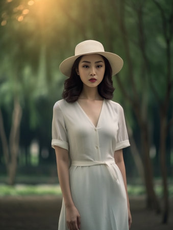 Outdoor shot of happy delighted female with pleasant look wears summer white dress and hat poses against green vegetation background being in good mood People emotions an : Generative AIの素材