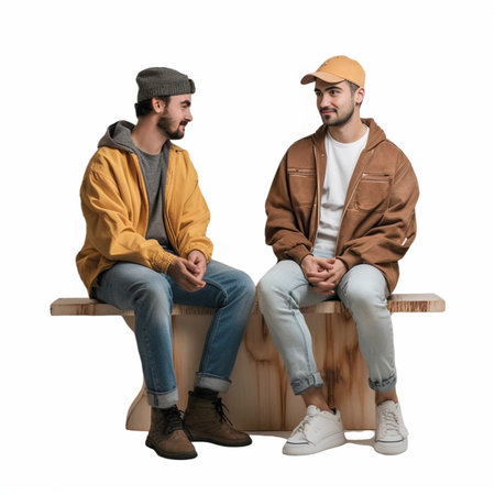 Interracial friendship concept Handsome bearded European hipster wearing hat and denim jacket having serious conversation with his African American best friend listening  : Generative AIの素材