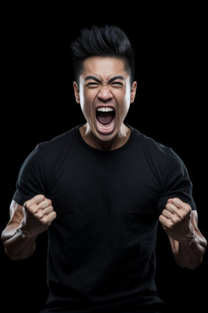 Outraged young man yells angrily keeps mouth opened raises hands being very emotional has quarrel with someone wears black t shirt isolated over white background Negative : Generative AIの素材