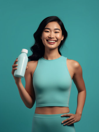 Positive curly woman holds smoothie and vegan milk drinks detox beverage has balanced proper nutrition concentrated above with broad smile sees something pleasant isolate : Generative AIの素材
