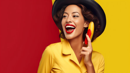 Photo of emotive surprised brunette lady with toothy smile wears red bandana holds slice of pizza points with thumb aside models against yellow background for your advert : Generative AIの素材
