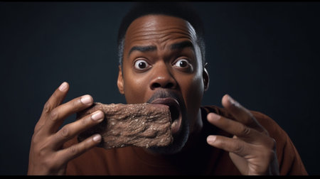 Impressed dark skinned bearded man shows face through heap of mexican chips keeps mouth opened from great wonder has thick beard cannot believe his eyes eats unhealthy sn : Generative AIの素材