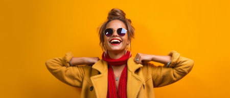 Puzzled emotive female has dark hair combed in two plaits wears sunglasses bandana looks aside with curious expression models over yellow background with free space for y : Generative AIの素材