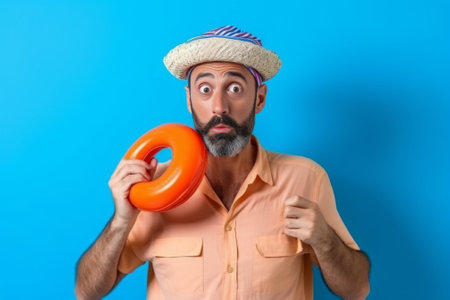 Male safeguard supervises situation on sea holds two coconuts on eyes instead of binoculars wears white swimhat sailor vest uses safety equimpent like ring buoy poses ove : Generative AIの素材