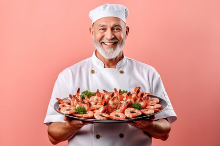 Hesitant confused man chef chooses between crayfish and red sea bass cooks seafood decides on restaurant menu dressed in white uniform round glasses isolated over pink wa : Generative AIの素材