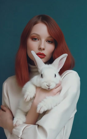 My lovely pet I love you Affectionate ginger man lover of animals kisses and keeps to face small white rabbit wears ears as if bunny has tattoo dressed casually feels joy : Generative AIの素材