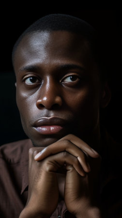 Portrait of skeptical African young man looking with suspicious or annoyed expression holding hand on chin doubting thinking over something Black male with disgust or dis : Generative AIの素材