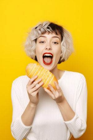 Photo of attractive woman eats slice of pizza points aside with thumb dressed in fashionable clothes shows where pizzeria is isolated over yellow background Pretty girl h : Generative AIの素材