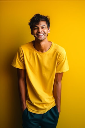 Positive calm relaxed man teenager stands with closed eyes and toothy smile satisfied with successful finished work cant sigh from reveal wears casual summer yellow t shi : Generative AIの素材