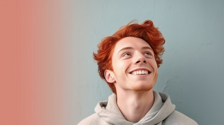 Pleased cheerful redhaired male with pleasant smile giggles joyfully spends free time with girlfriend being in high spirit shows white teeth happy to have romantic relati : Generative AIの素材