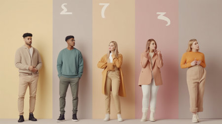 Horizontal shot of five different people show hush sign look with stupefied expression demand complete silence isolated over pink background Composition of mixed race peo : Generative AIの素材