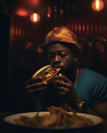 Impressed dark skinned bearded man shows face through heap of mexican chips keeps mouth opened from great wonder has thick beard cannot believe his eyes eats unhealthy sn : Generative AIの素材
