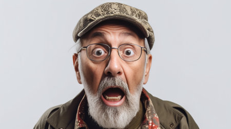 Horiontal shot of bearded mature man looks with stupefied shocked expression at camera cant imagine what he hears dressed casually isolated over white background Surprise : Generative AIの素材