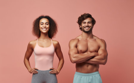 Joyful dark skinned female and male fellows have pleasant smiles on faces satisfied after outdoor training spend free time together isolated over pink background Ethnicit : Generative AIの素材
