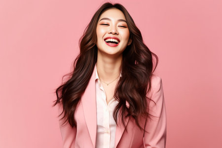 Portrait of pleased young Asian woman licks lips stands with closed eyes remembers pleasant taste of something wears black top and pink jacket poses against rosy backgrou : Generative AIの素材