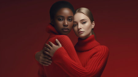 Portrait of serious multiethnic women stand closely to each other have calm confident look at camera dressed in red clothing have natural beauty healthy skin pose in stud : Generative AIの素材