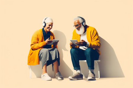 Mature woman and man stand back to each other have fun together use phones for scrolling social networks dressed casually surf internet isolated over brown background Eld : Generative AIの素材