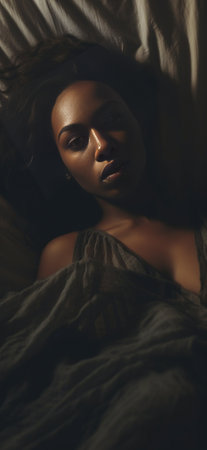 Photo of discontent dark skinned curly woman has gloomy face embraces soft pillow has insomnia cant get asleep late at night lies under white blanket has problems with sl : Generative AIの素材