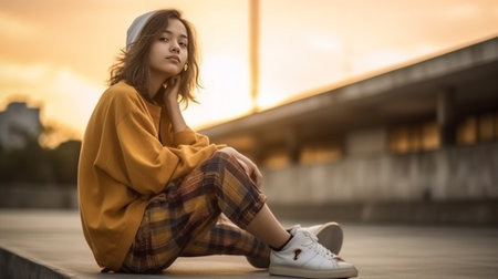 Happy teenage girl sits crossed legs on longboard rests after riding smiles joyfully poses in urban setting during daytime against blurred background Youth lifestyle and  : Generative AIの素材