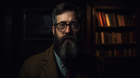 Indoor shot of doubtful bearded man in spectacles curves lips looks directly into camera hesitates what answer to give Uncertaing bearded male student at final exam frown : Generative AIの素材