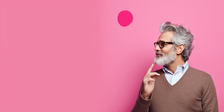 Pleasant looking delightul youg male in round eyewear keeps finger on lips asks not tell secret information or keep silence isolated over pink background Attractive beard : Generative AIの素材