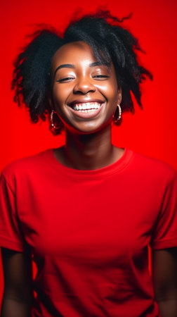 Isoated shot of cheerful dark skinned woman with crisp hair has broad smile wears red jumper believes in good luck isolated over blue background People ethnicity wish and : Generative AIの素材
