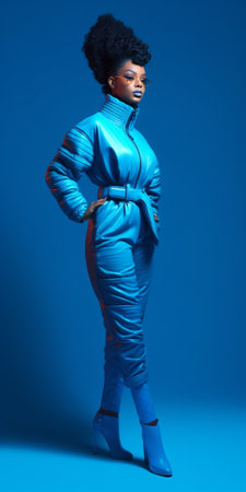 Portrait of concerned worried young Afro American woman looks with shock and panic holds hand near opened mouth being anxious and scared dressed in fashionable outfit pos : Generative AIの素材