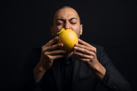 Portrait of handsome bearded male with disgusting expression sees sour lemon in front frowns in displeasure isolated over white concrete background Male expresses aversio : Generative AIの素材