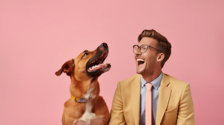 Photo of funny joyful man wears elegant green shirt and bowtie transparent glasses has cheerful positive look aside plans something in mind isolated on pink background co : Generative AIの素材