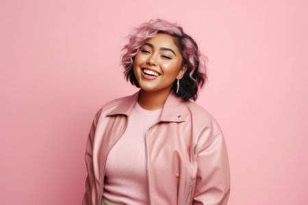 Portrait of pleased young Asian woman licks lips stands with closed eyes remembers pleasant taste of something wears black top and pink jacket poses against rosy backgrou : Generative AIの素材
