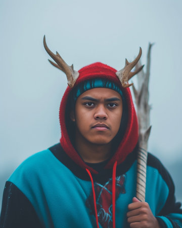 Serious young male hiker has trip in woods uses trekking sticks enjoys travel lifestyle wears binoculars on neck wears casual hat and red jacket isolated on blue wall Act : Generative AIの素材