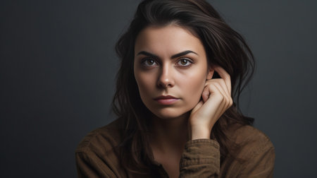 Pretty brunette woman with blue eyes and pinnedup hair frowning her eyebrow while looking aside with placid and thoughtful look Pensive female with puzzled expression thi : Generative AIの素材