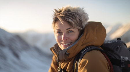 Happy female hiker with broad smile wears casual clothes holds photocamera makes nice pics enjoys view of snowy mountains focused into distance has remarkable trip during : Generative AIの素材