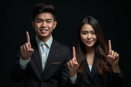 Portrait of female and male office workers or students show silence sign ask to be quiet as there is meeting in next room works with papers and documments prepare busines : Generative AIの素材