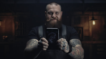 Shocked bearded man with fat abdomen points index finger above shows something stunning canot believe his eyes stunned by big sale has tattoed body recommends or suggests : Generative AIの素材
