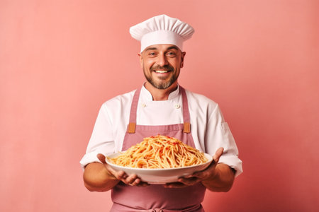 Hesitant confused man chef chooses between crayfish and red sea bass cooks seafood decides on restaurant menu dressed in white uniform round glasses isolated over pink wa : Generative AIの素材