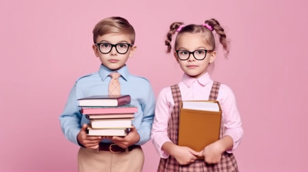 Puzzled clumsy female and male readers look at textbook have worried expressions cram material wear spectacles for good vision isolated over pink background Education and : Generative AIの素材