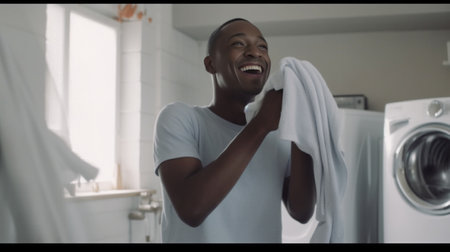 Photo of surprised dark skinned man sticks head in washing machine door poses around colorful laundry with bottle of detergent wears panama busy doing washing Washer full : Generative AIの素材