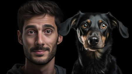 Portrait of displeased frustrated man with negative sullen facial expression purses lower lip in bewilderment discontent with something black dog wears bandana on head lo : Generative AIの素材