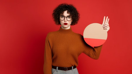 Shocked curly haired woman pressed index finger over lips makes hush gesture asks to keep silence wears warm scarf around neck and sweater carries holiday attributes isol : Generative AIの素材