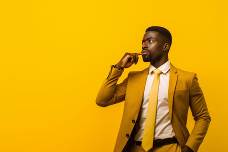 Photo of dejected displeased dark skinned man dislikes something being in low spirit after failure has little beard and Afro hairstyle dressed casually models over yellow : Generative AIの素材