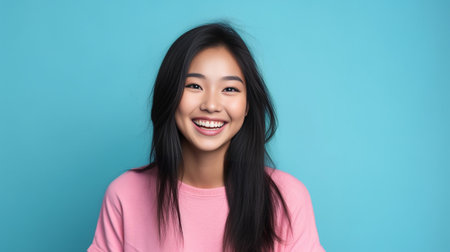 Look at my cheek Pleasant looking Asian woman touches skin on face demonstrates its freshness and softness wears no make up dark combed hair dressed in casual blue sweats : Generative AIの素材